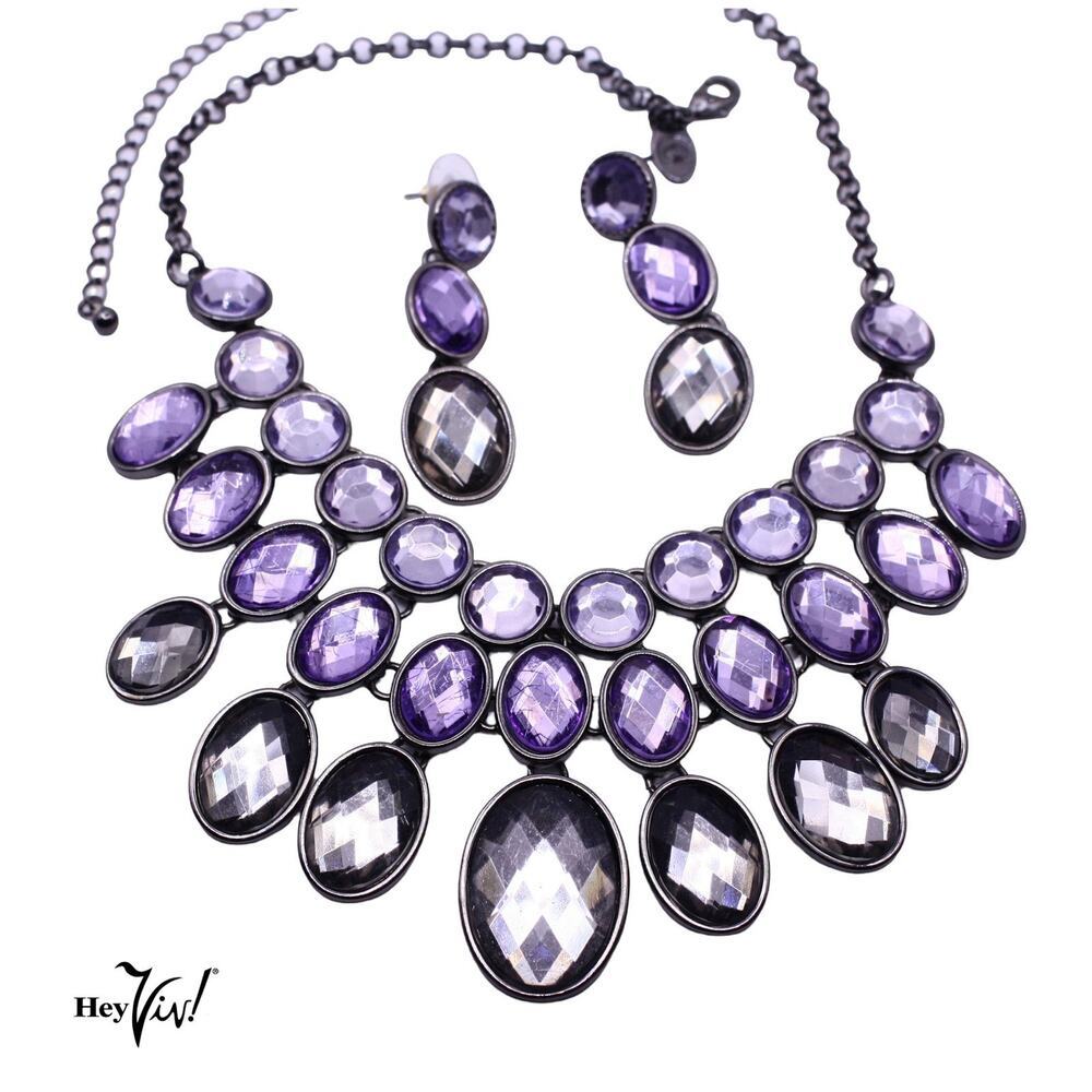 Charming Charlie Purple Faceted Statement Bib Necklace & Earrings Set - Hey Viv